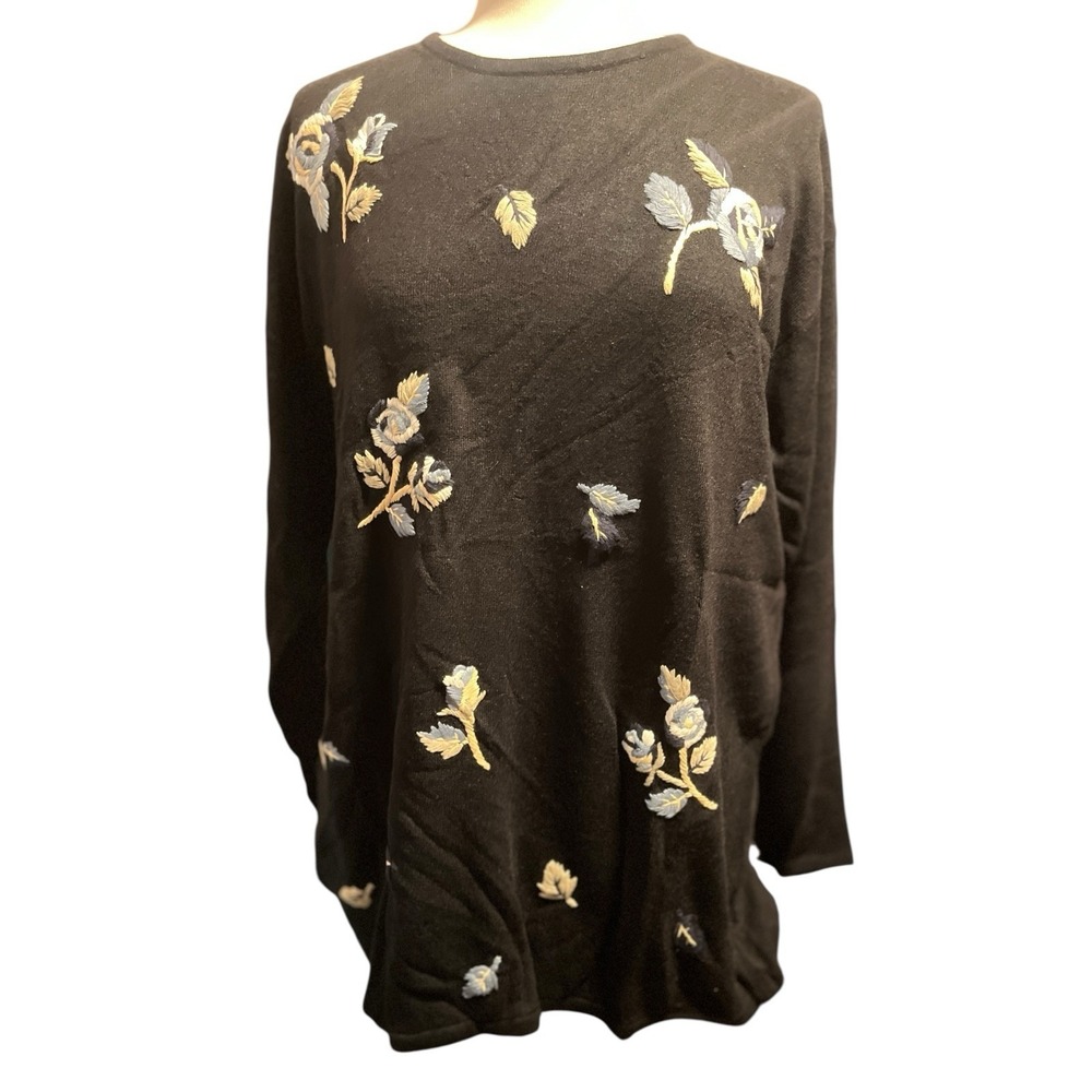 Vtg 90s Cervee 3D Floral Embroidered Black Sweater XL  Cottagecore Charmed